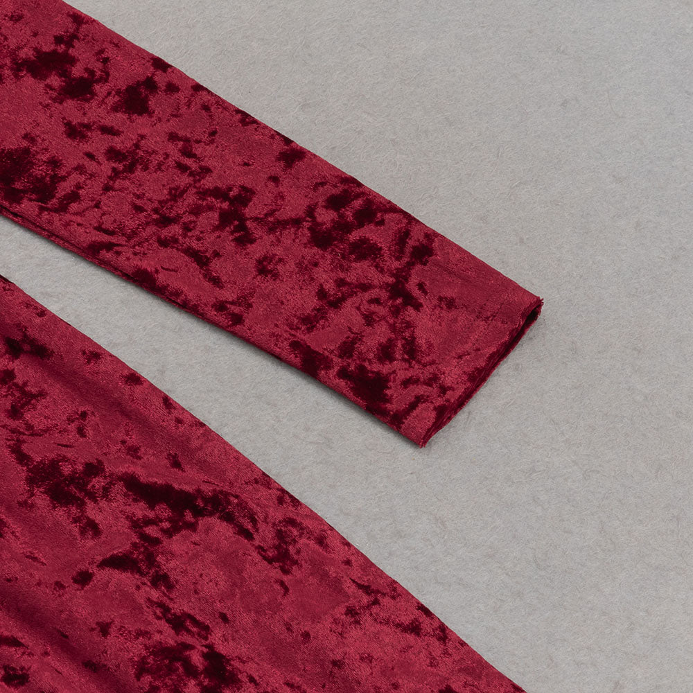 Flowering Girl Women Velvet High Neck Hollow Waist maxi Dress in burgundy