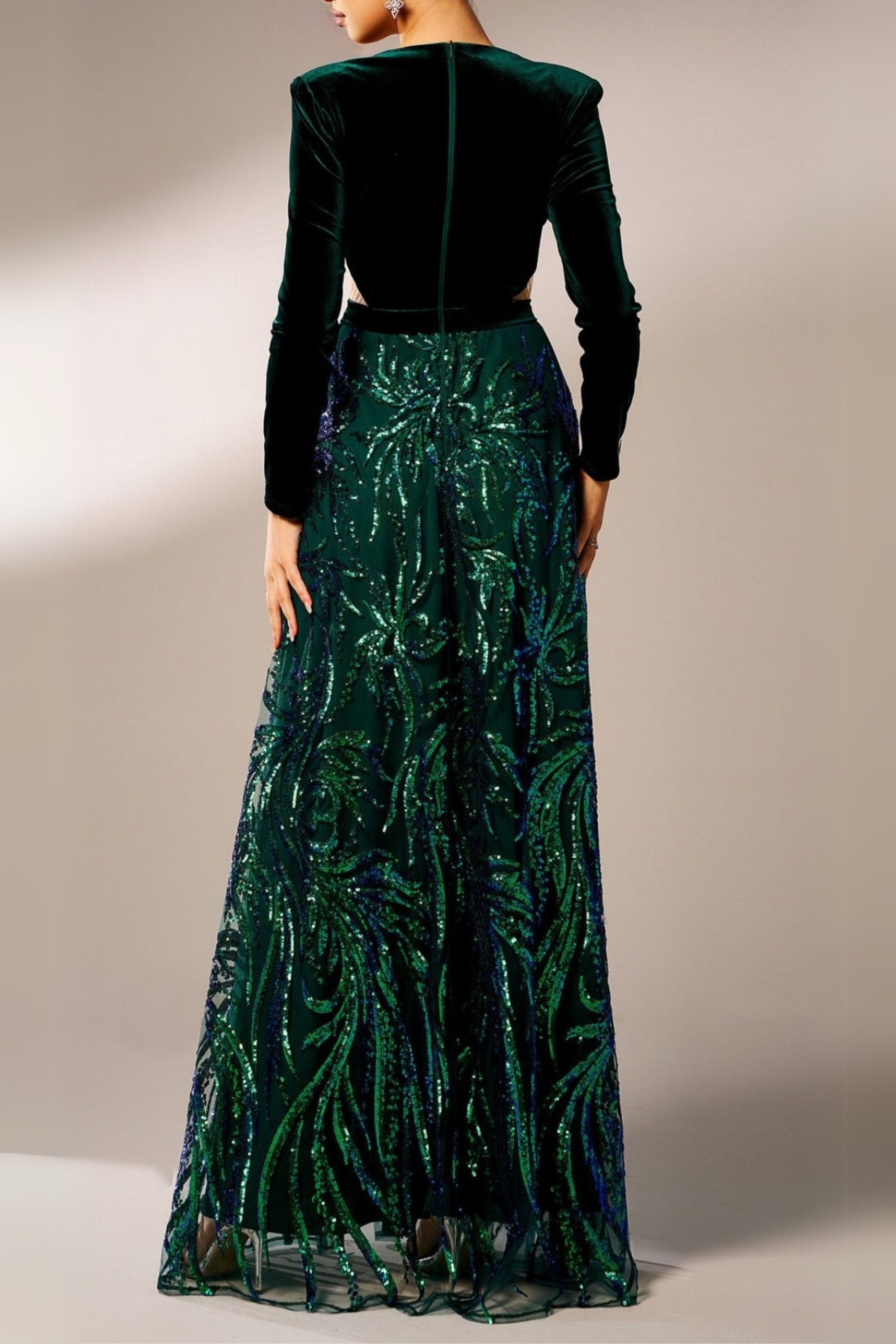 Flowering Girl Women High Slit Sequin Long Sleeve Maxi Dress In Green