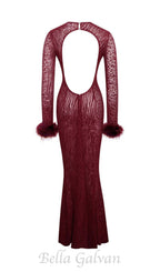 Flowering Girl Women burgundy mesh feather maxi dress