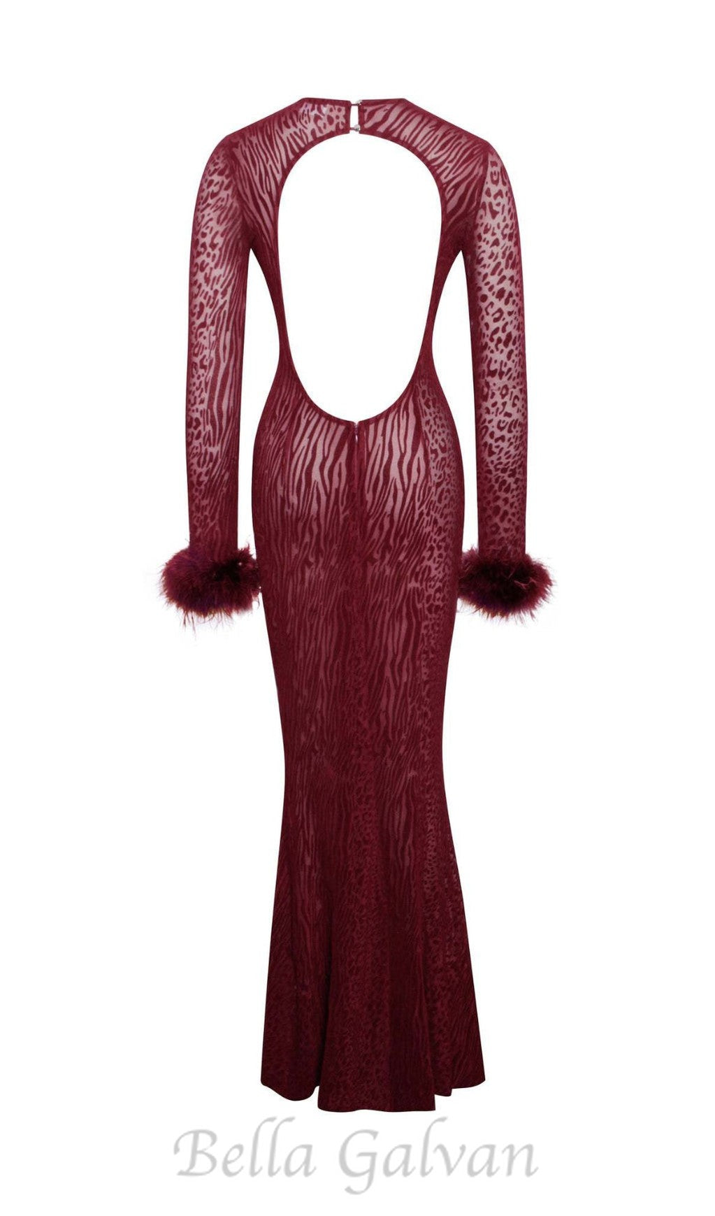Flowering Girl Women burgundy mesh feather maxi dress