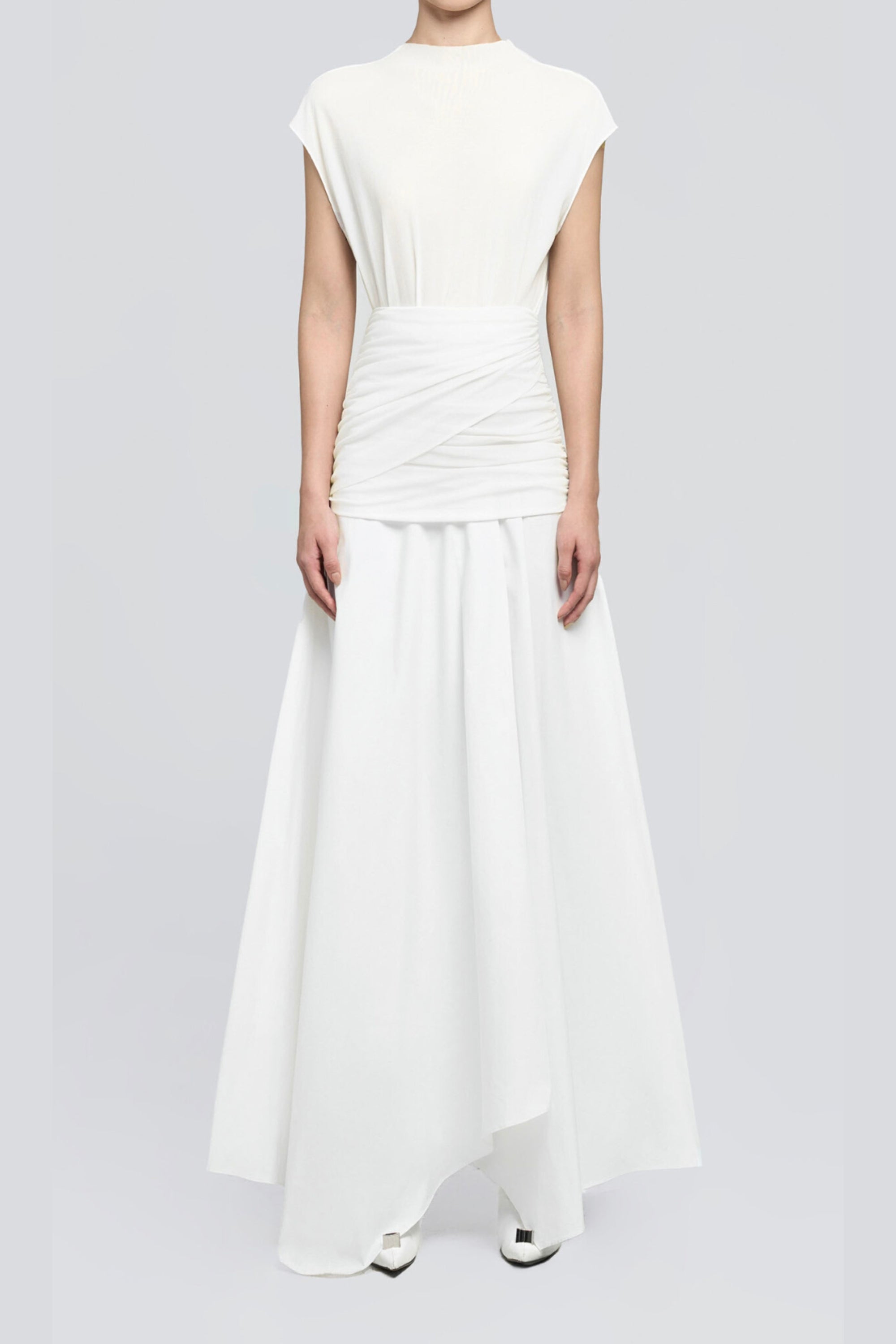 Flowering Girl Women White Waist Cross Pleats Midi Dress With Asymmetric Hemline