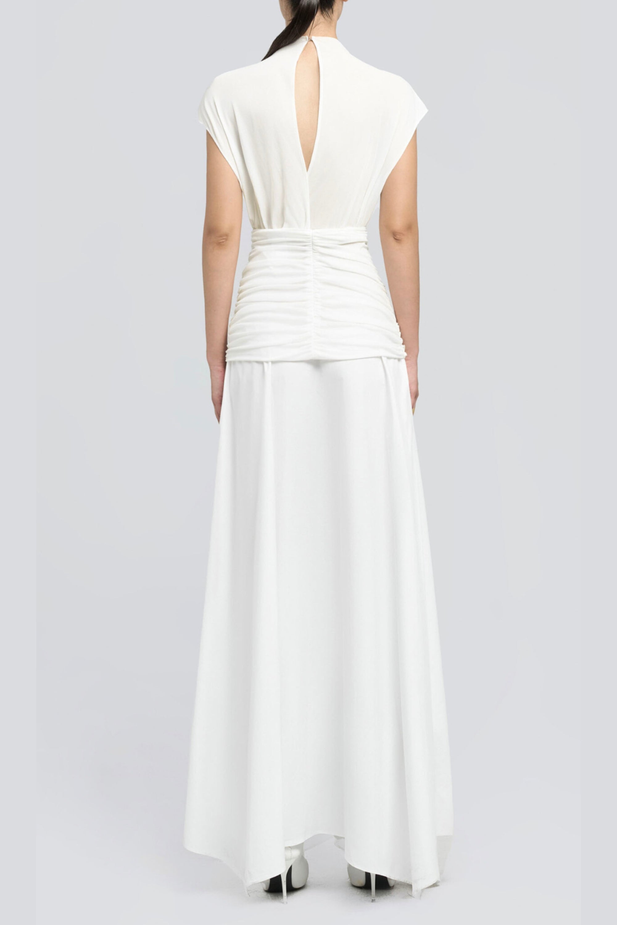 Flowering Girl Women White Waist Cross Pleats Midi Dress With Asymmetric Hemline