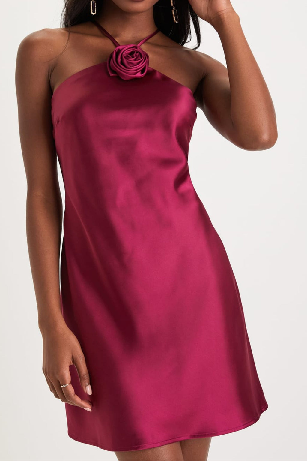 Flowering Girl Women Agenta Satin Rosette Halter Neck Mini Dress