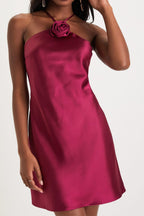 Flowering Girl Women Agenta Satin Rosette Halter Neck Mini Dress
