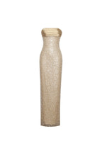 Flowering Girl Women Gold Satin Sequin Pearls Beaded Maxi Dress