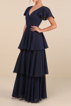 Flowering Girl Women Navy Blue Short Sleeve Tiered Maxi Dress