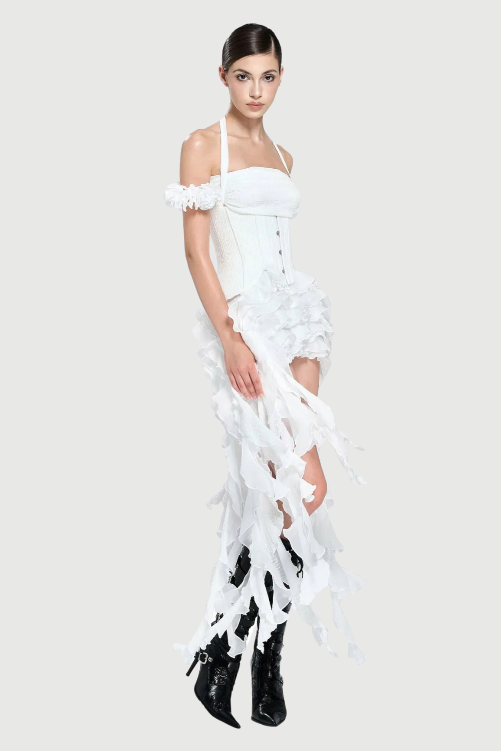Flowering Girl Women elva halter three-dimensional flower irregular tassel mini dress in white