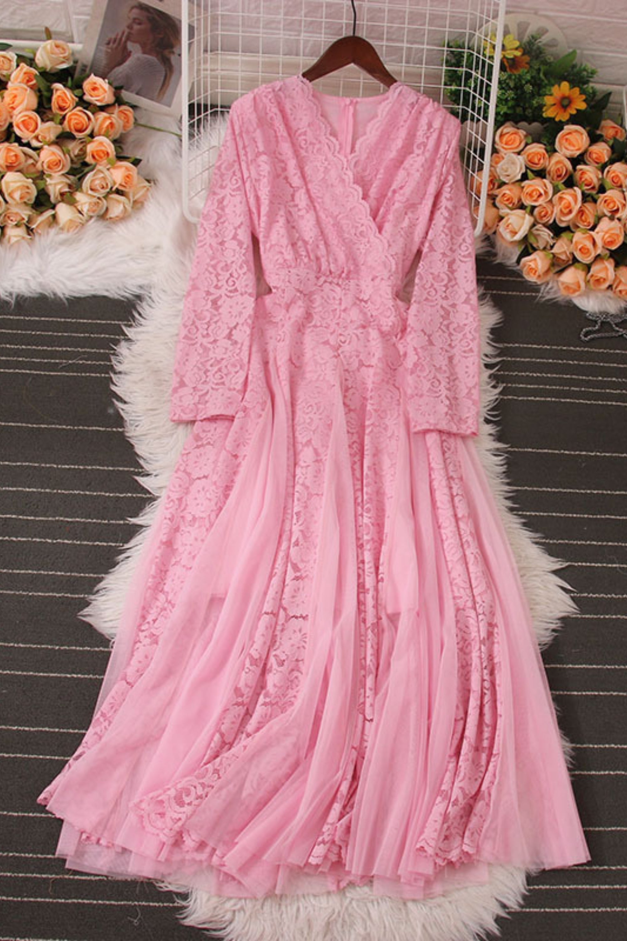 Flowering Girl Women Lace Splicing Long Sleeve Midi Dress
