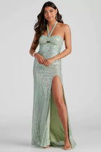 Flowering Girl Women Halter Sequined Slit Maxi Dress
