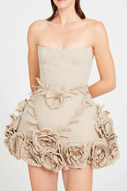Flowering Girl Women Salome Beige Linen Corset Flower Details Mini Dress