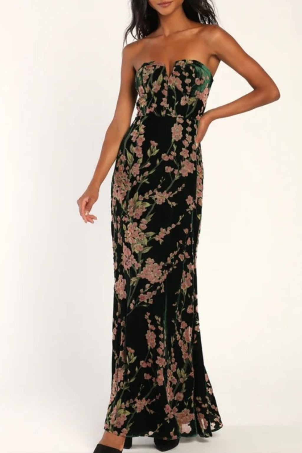 Flowering Girl Women Navy Blue Floral Print Velvet Strapless Maxi Dress