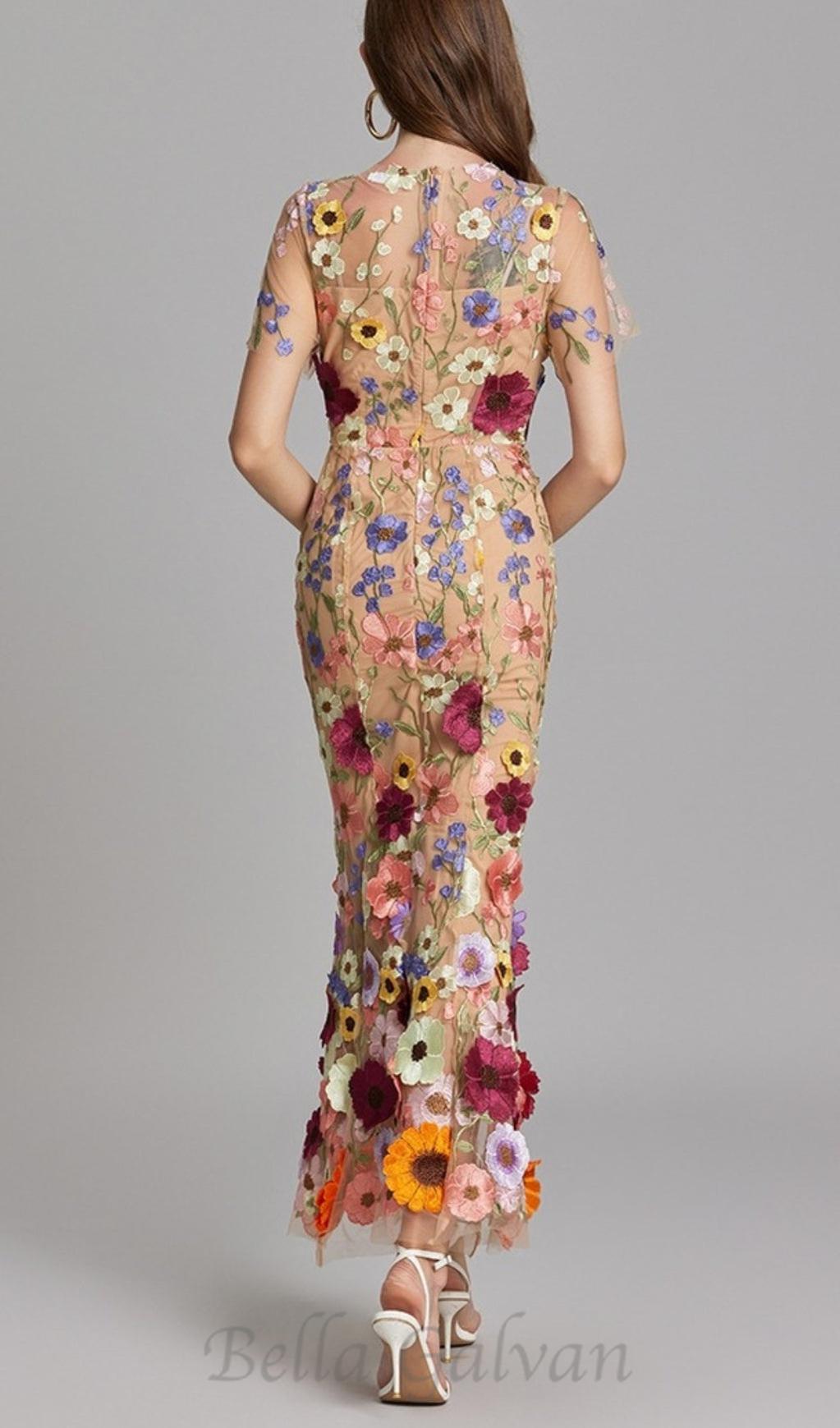Flowering Girl Women FLORAL EMBROIDERY MESH FISHTAIL MIDI DRESS IN BROWN