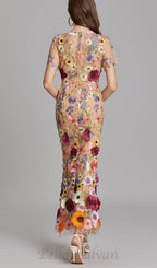 Flowering Girl Women FLORAL EMBROIDERY MESH FISHTAIL MIDI DRESS IN BROWN