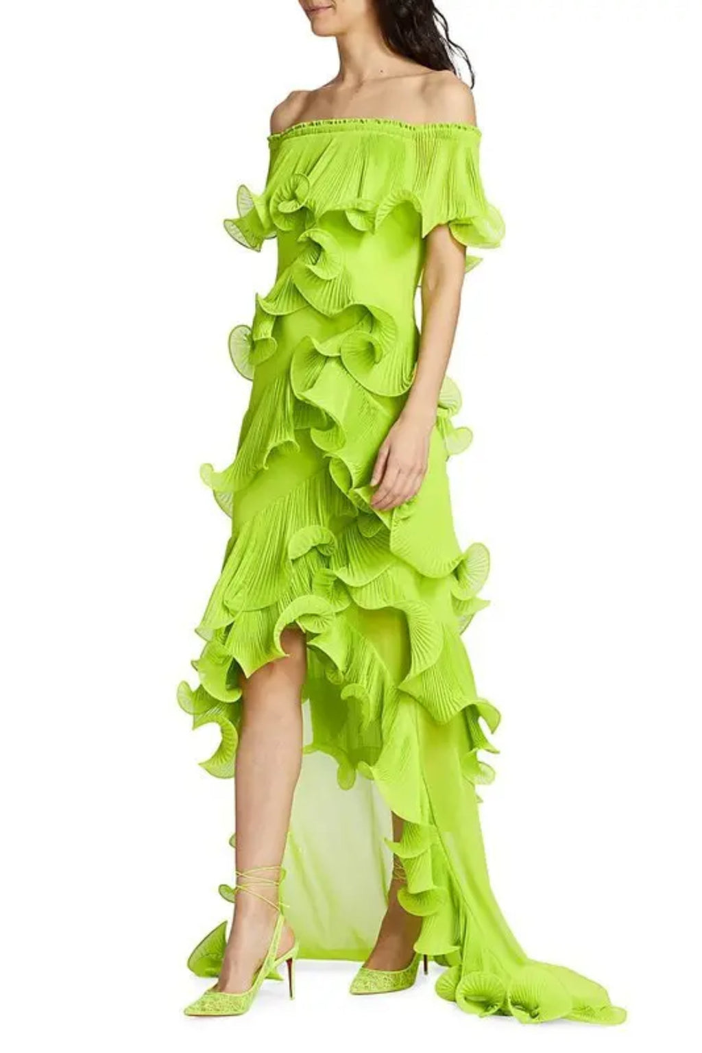 Flowering Girl Women Dora Green Off-Shoulder Pleated Organza Maxi Dress