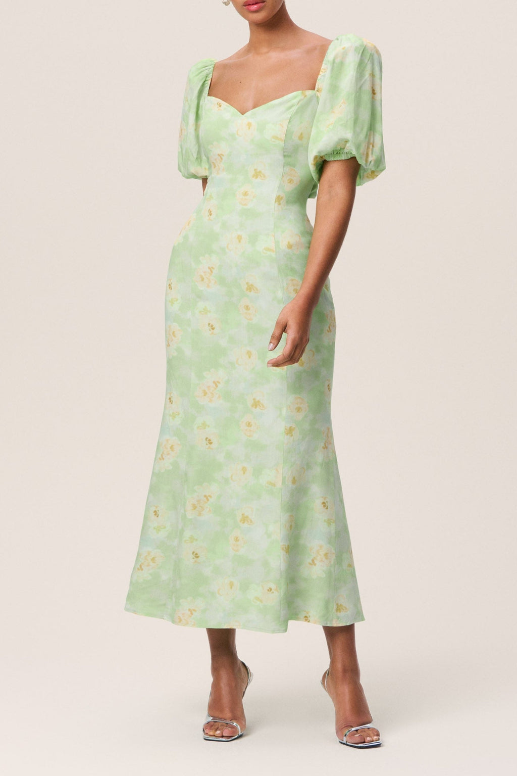 Flowering Girl Women Floral Puff Sleeve Midi Dress In Green