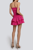 Eyelet Layered Strapless Mini Dress In Fuchsia