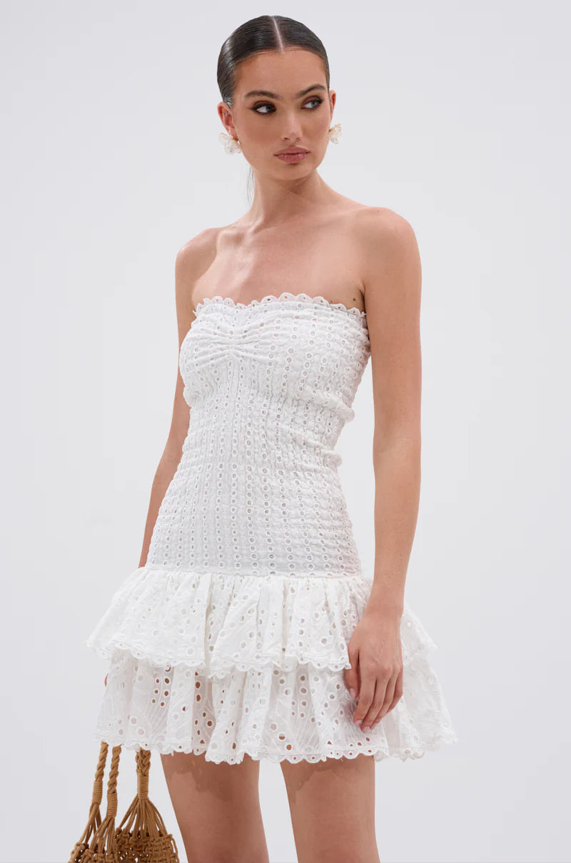 Flowering Girl Women Eyelet Layered Strapless Mini Dress In White