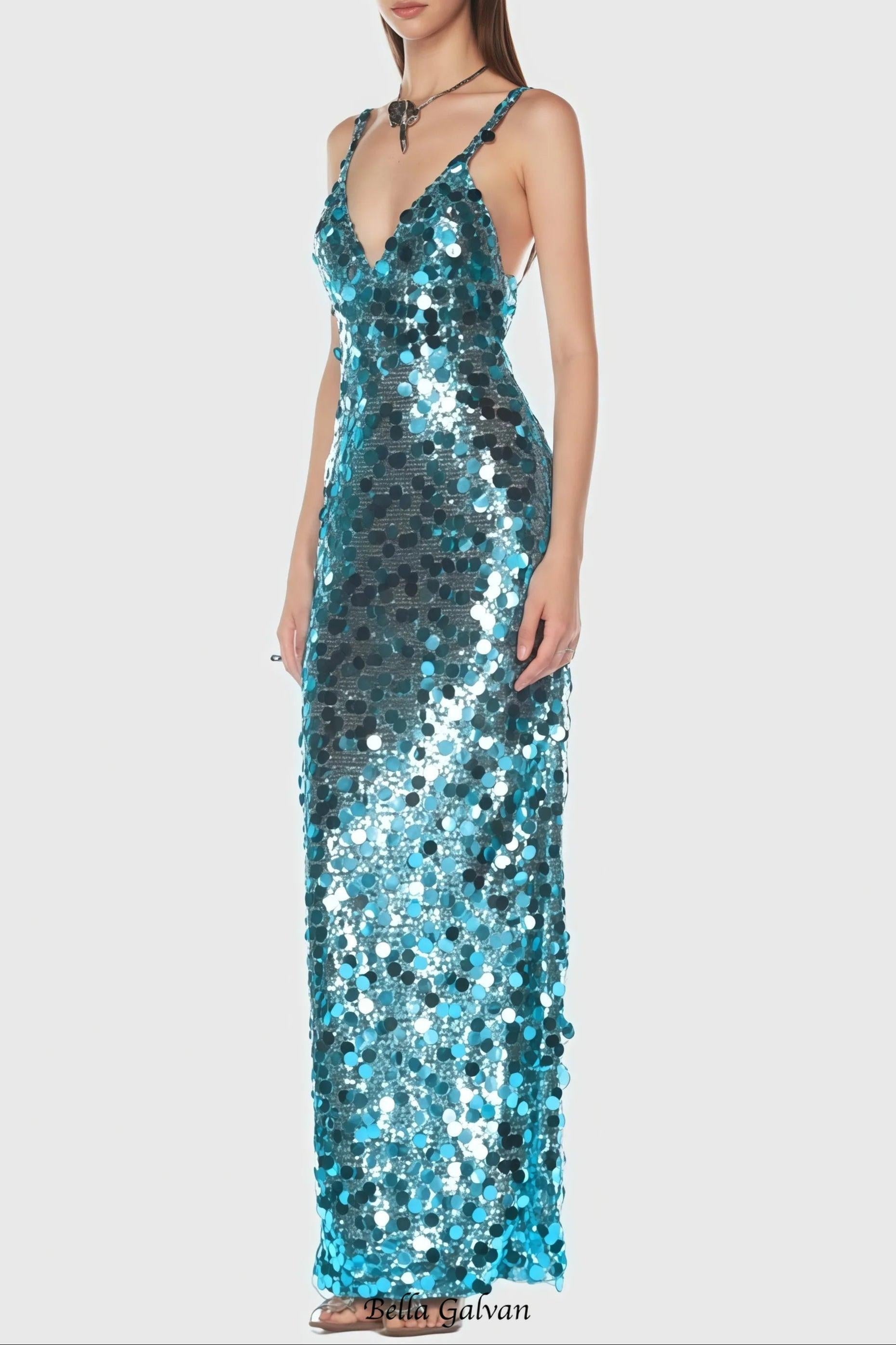 carlin Sequin Deep V Strapless Maxi Dress in blue