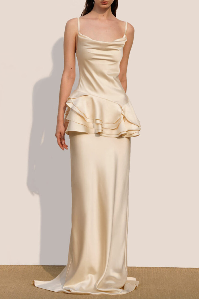 Flowering Girl Women Beverly Splicing Ruffle Silk Maxi Dress In Apricot
