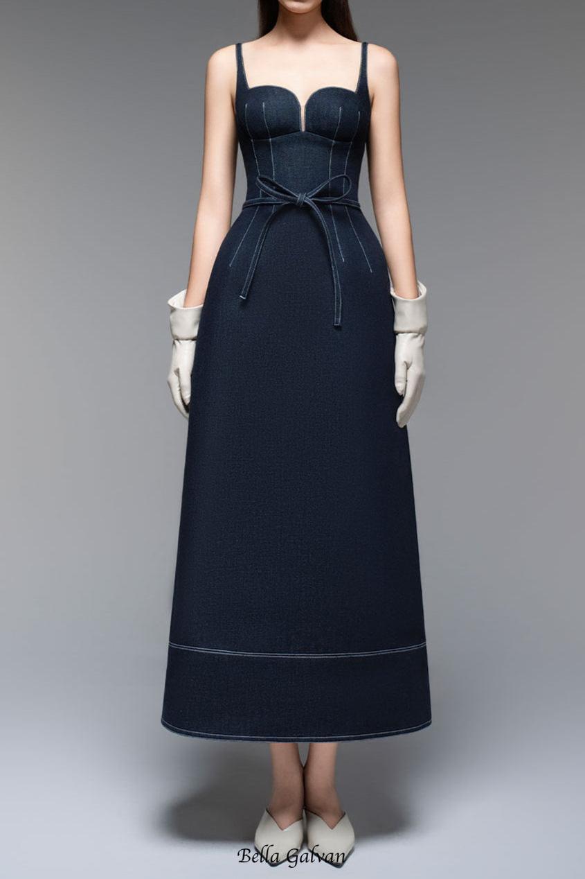Flowering Girl Women A-line Sleeveless Denim Midi Dress in blue
