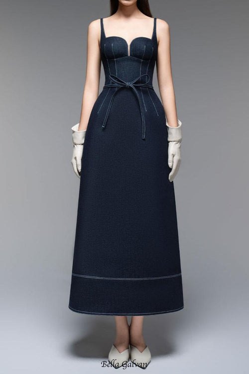 A-line Sleeveless Denim Midi Dress in blue