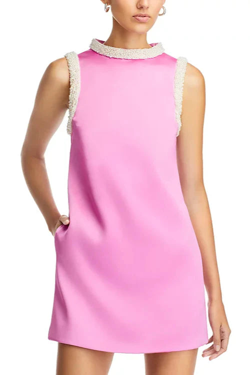 Flowering Girl Women Faux Pearl Trim Satin Shift Mini Dress