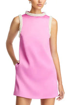 Flowering Girl Women Faux Pearl Trim Satin Shift Mini Dress