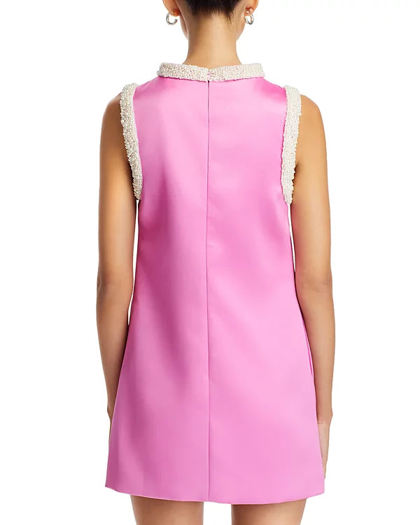 Flowering Girl Women Faux Pearl Trim Satin Shift Mini Dress