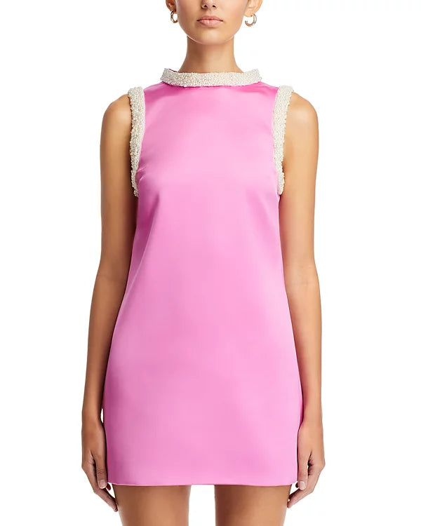 Flowering Girl Women Faux Pearl Trim Satin Shift Mini Dress