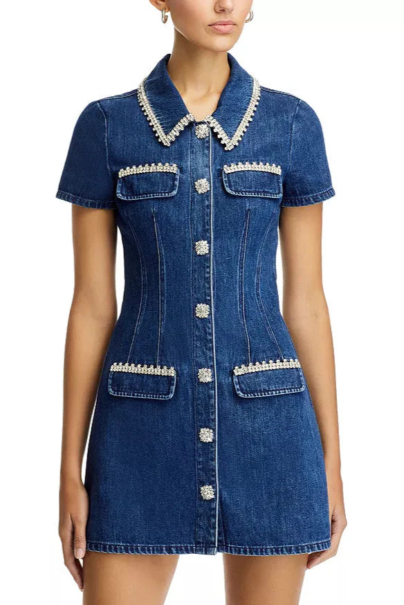 Flowering Girl Women Denim Rhinestone Trim Dress In Blue