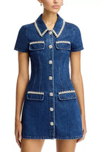 Flowering Girl Women Denim Rhinestone Trim Dress In Blue