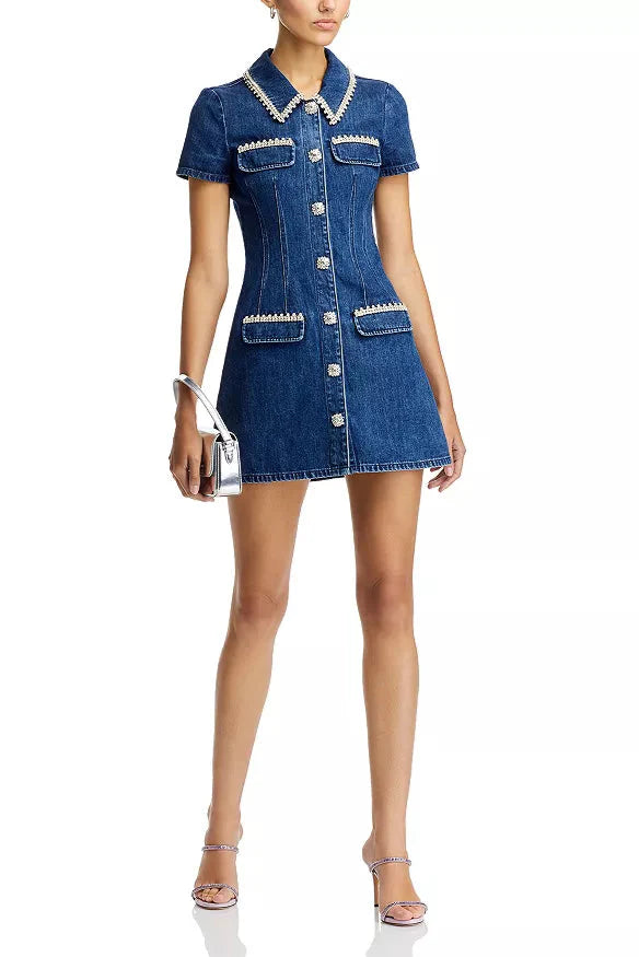 Denim Rhinestone Trim Dress In Blue