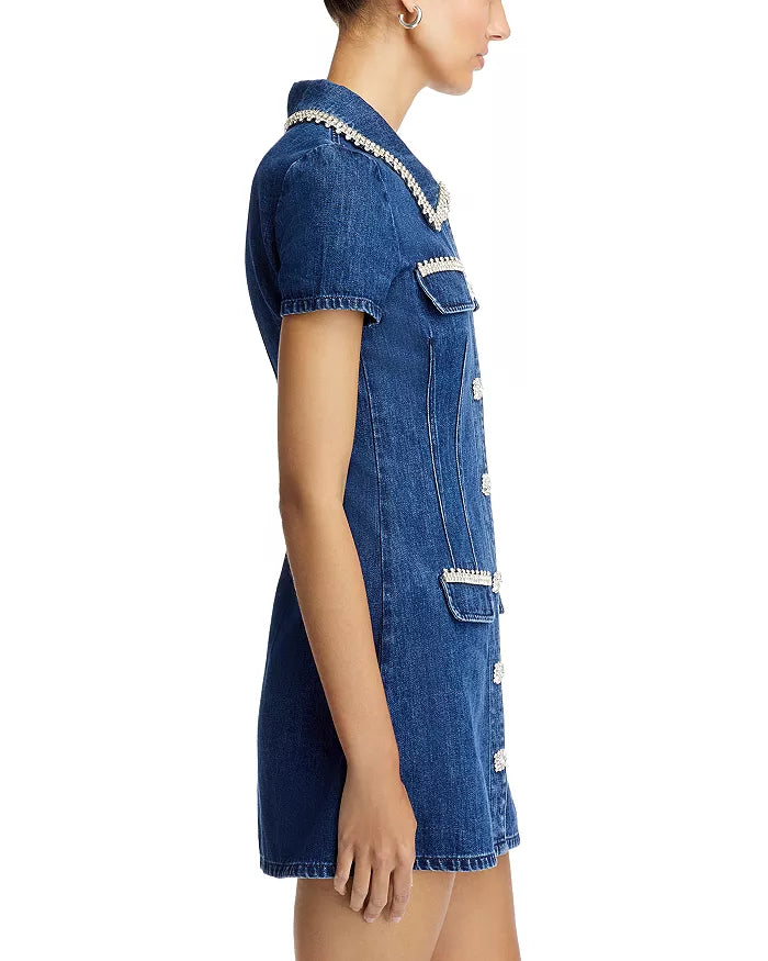Flowering Girl Women Denim Rhinestone Trim Dress In Blue