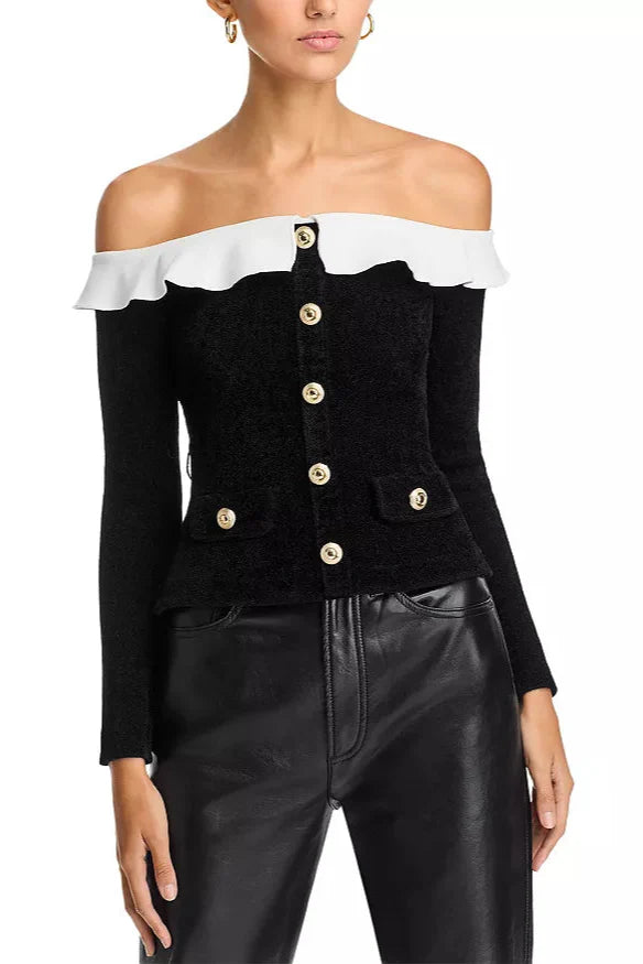 Flowering Girl Women Chenille Knit Off-The-Shoulder Top In Black