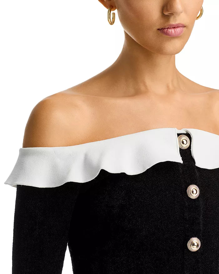 Flowering Girl Women Chenille Knit Off-The-Shoulder Top In Black