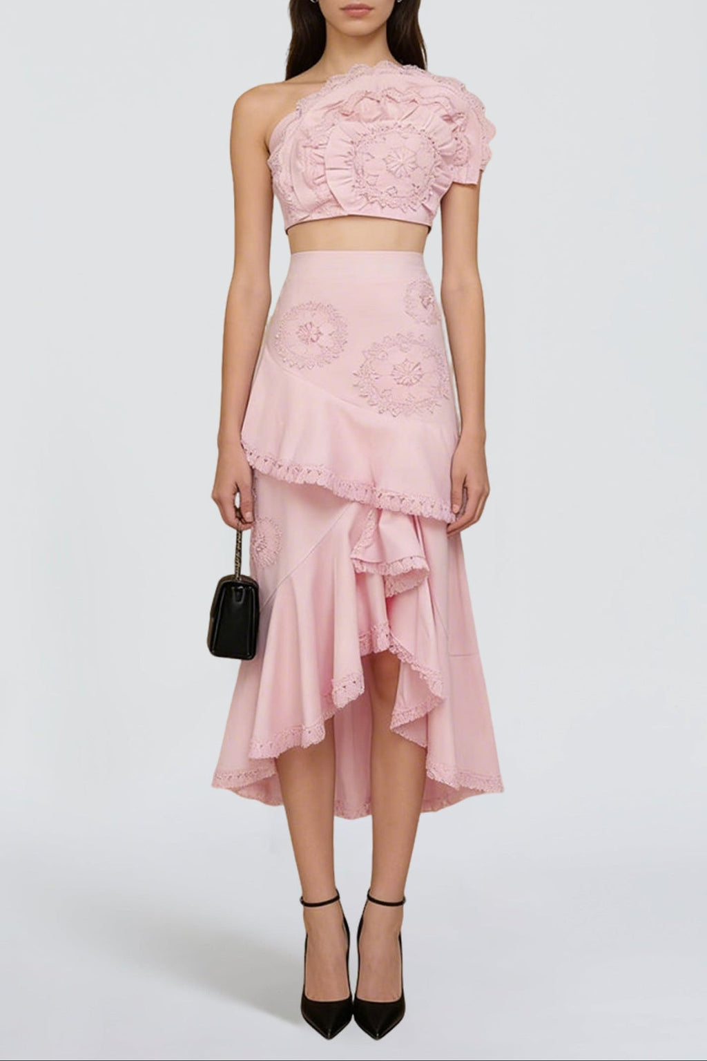 Flowering Girl Women Nina Ruffled Strapless Top Floral Embroidered Mermaid Skirt Set - Pink