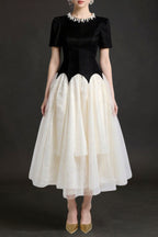 Leona Black-White Two-Tone Rhinestone Neck Tulle Maxi Dress