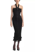 Knit Zip Ruffle Midi Dress in black
