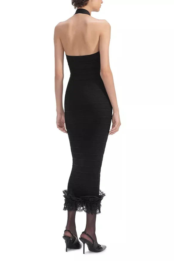 Flowering Girl Women Knit Zip Ruffle Midi Dress In Black
