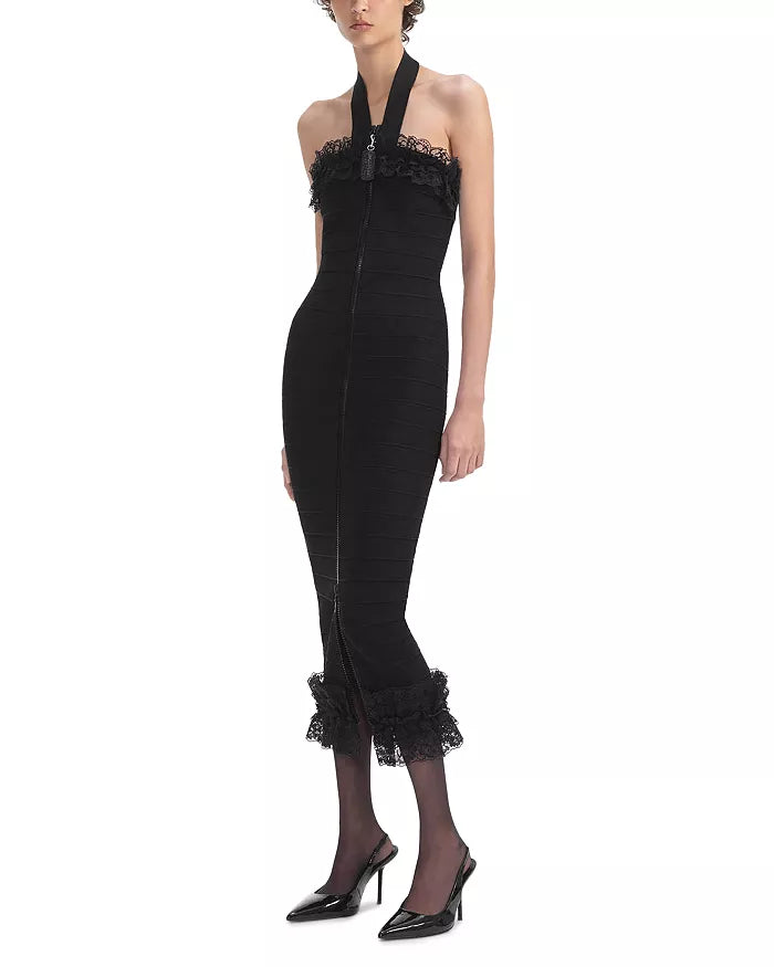 Knit Zip Ruffle Midi Dress In Black