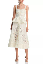 Flowering Girl Women Peplum Hollow Midi Dress In Beige