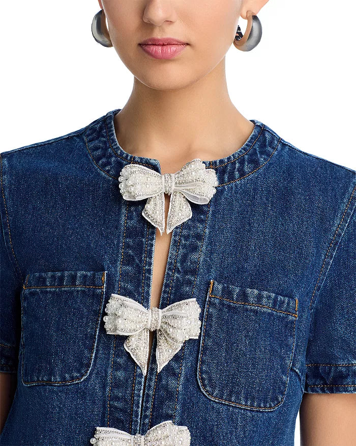 Flowering Girl Women Bow Embellished Denim Mini Dress In Blue