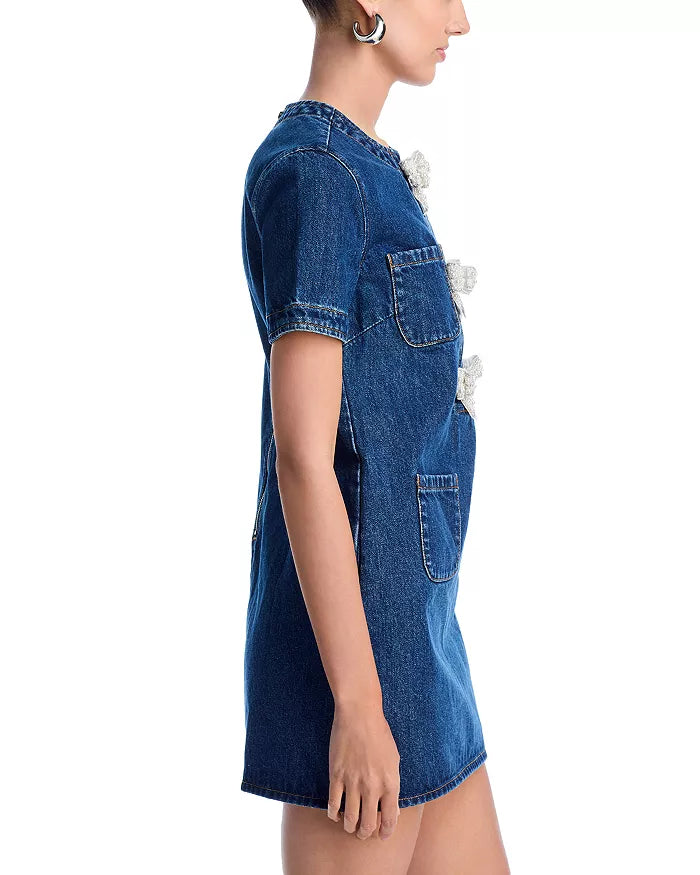 Bow Embellished Denim Mini Dress In Blue
