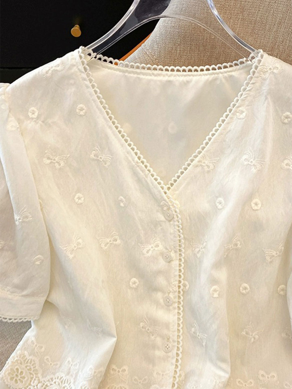 sabina Loose V-Neck Hollowed Lace Top