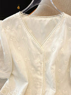 sabina Loose V-Neck Hollowed Lace Top