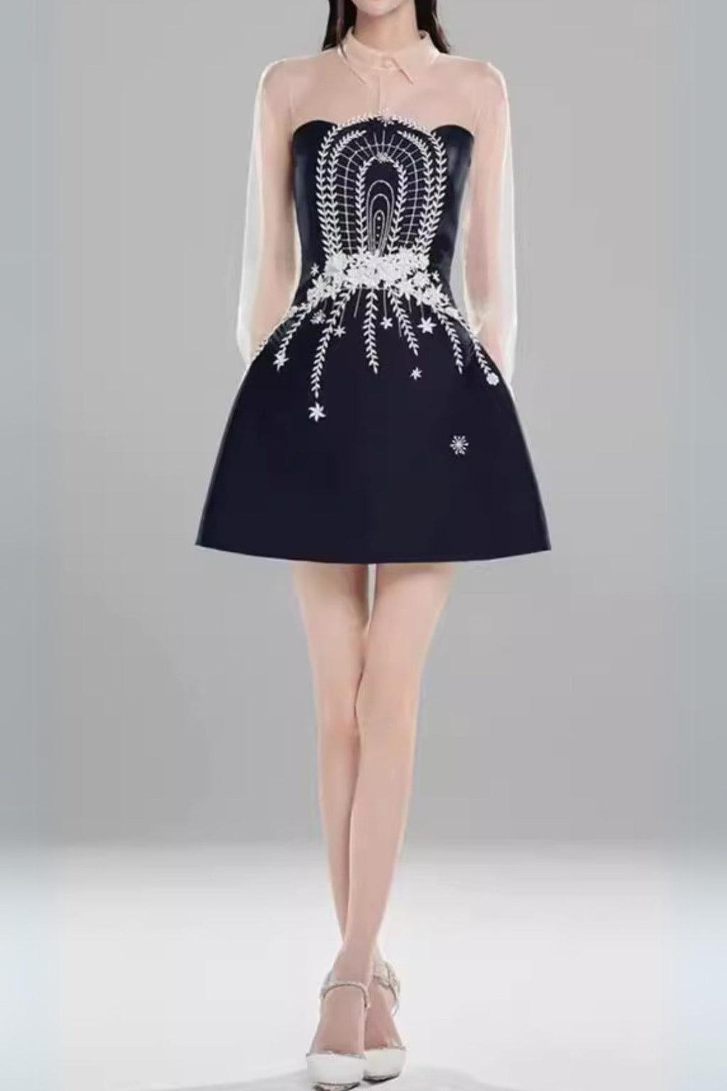 Flowering Girl Women Embroidered Flower Lapel Tulle Mini Dress In Dark Blue