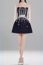 Flowering Girl Women Embroidered Flower Lapel Tulle Mini Dress In Dark Blue