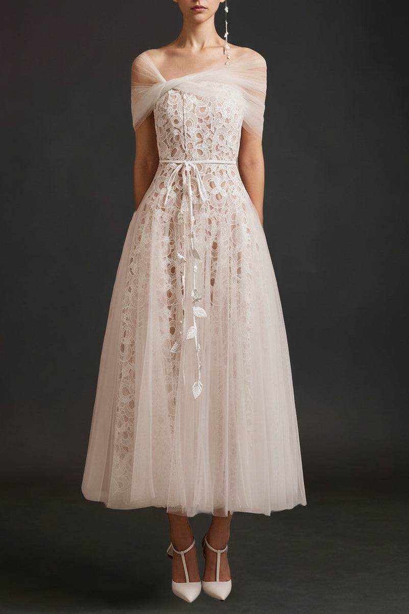 Miua Gored Gathered Lace Midi Dress In White
