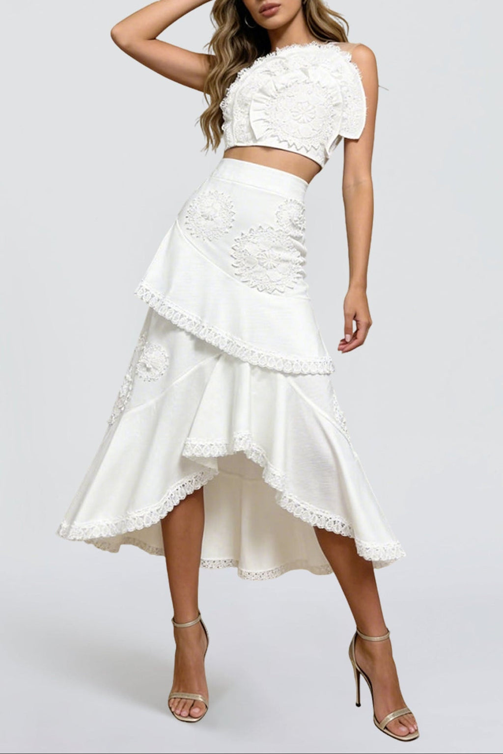 Flowering Girl Women Nina Ruffled Strapless Top Floral Embroidered Mermaid Skirt Set - White