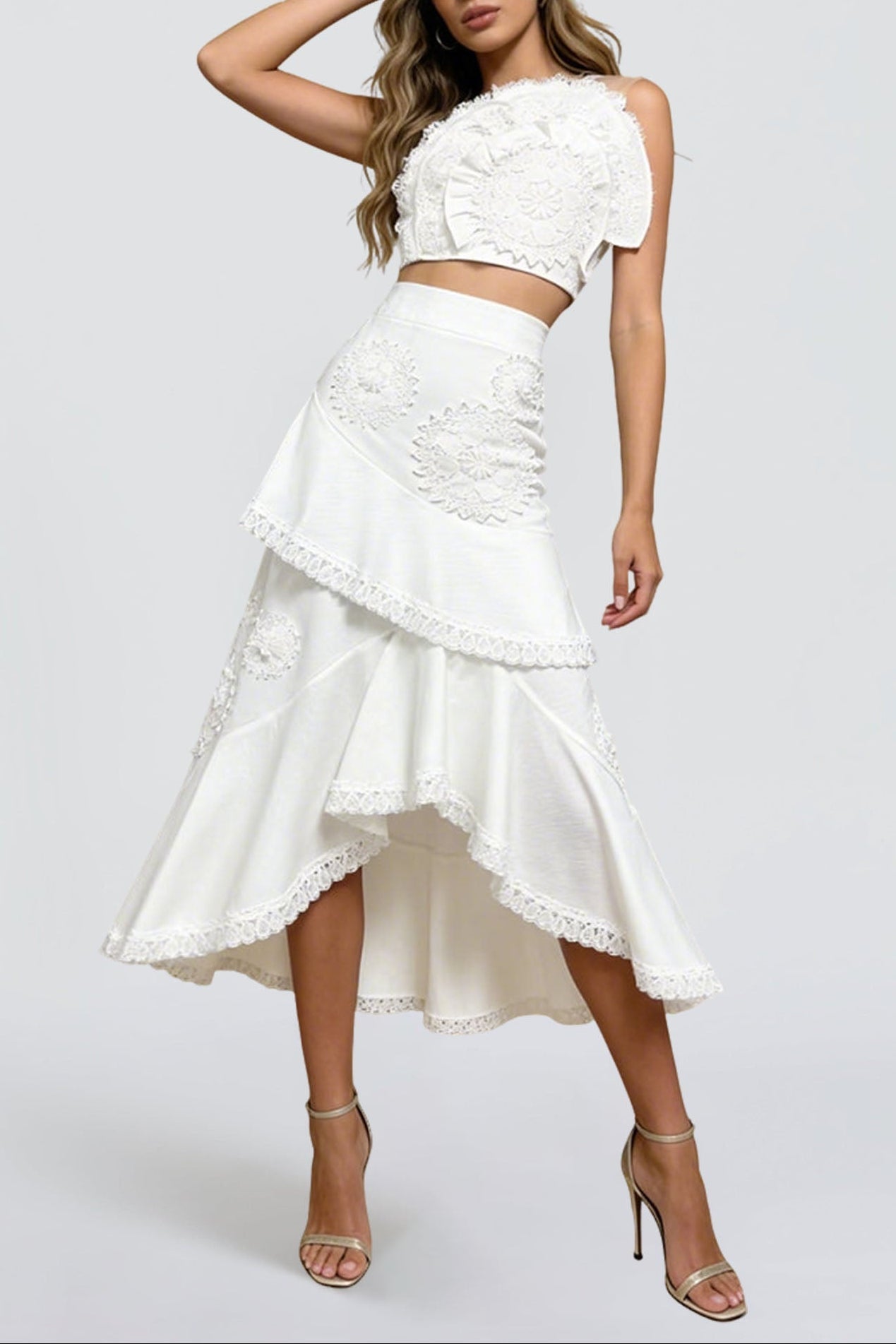 Nina Ruffled Strapless Top Floral Embroidered Mermaid Skirt Set - White
